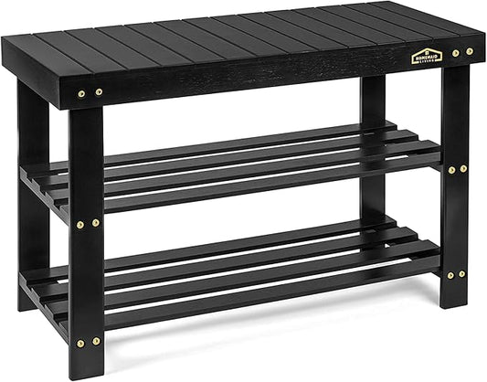 Homemaid Living Bamboo 3 Tier Shoe Rack Bench, Premium Shoe Organizer or Entryway Bench, Perfect for Shoe Cubby, Entry Bench, Bathroom Bench, Entryway Organizer, Hallway or Living Room(Black)