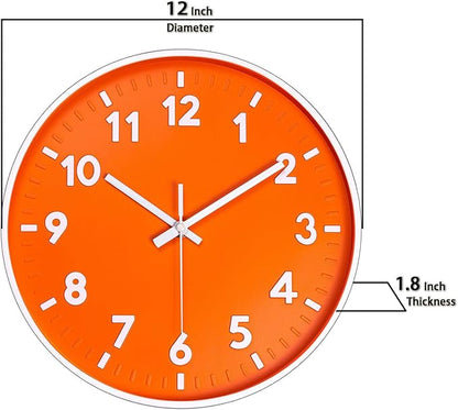 JENLYSTIME 12 Inch 3D Number Modern Indoor/Outdoor Wall Clock,Round Bright Colorful Dial,Non Ticking Silent Quartz Battery Operated, Easy to Read Simple Style Decor Clock for Bedroom,Kitchen(Orange)