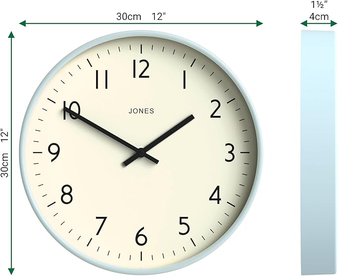 JONES CLOCKS® Studio Wall Clock | Modern Round Style | 12 inch | Pale Blue | Easy to Read Numbers | Versatile Design for Kitchen, Living Room or Office