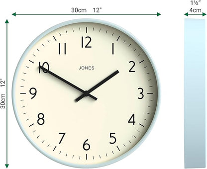 JONES CLOCKS® Studio Wall Clock | Modern Round Style | 12 inch | Pale Blue | Easy to Read Numbers | Versatile Design for Kitchen, Living Room or Office