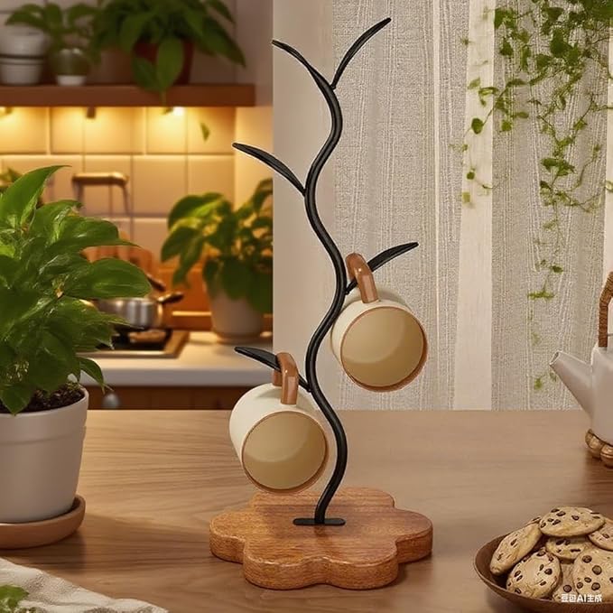 Wooden Base Coffee Mug Holder Tree - Leaf Shaped Countertop Mug Rack with 4 Hooks,Tea Cup Storage Rack, Breakroom Decor, Kitchen & Coffee Bar Accessory Organizer