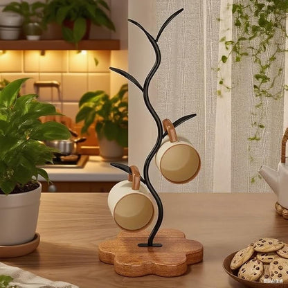 Wooden Base Coffee Mug Holder Tree - Leaf Shaped Countertop Mug Rack with 4 Hooks,Tea Cup Storage Rack, Breakroom Decor, Kitchen & Coffee Bar Accessory Organizer