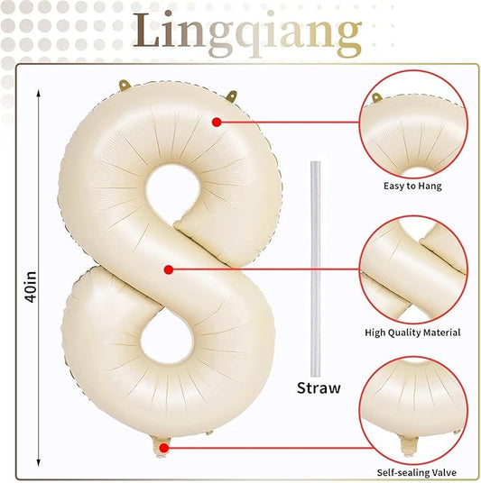 40 Inch Cream Foil Balloon Number 8, Giant Self Inflating Beige Number Balloons 0-9 for Men Women, White Sand 8 Helium Balloons Set for Girls Boys 8th Birthday Anniversary Party Decorations Supplies
