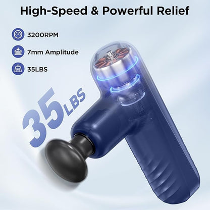 Mini Massage Gun, Powerful Handheld Muscle Massager for Back Pain Relief, Deep Tissue Percussion Small Massage Gun Travel Massager with 4 Massage Heads Silent Brushless Motor, Blue