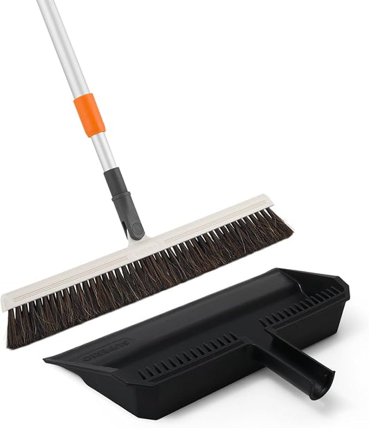 Superio 18" Horse Hair Upright Broom with Telescopic Handle & 16" Black Dustpan with Comb, Rubber Lip & Clip – Narrow Thin Dust Broom for Dog Hair – Hardwood & Tile Floor Cleaning Set – Gray/Black