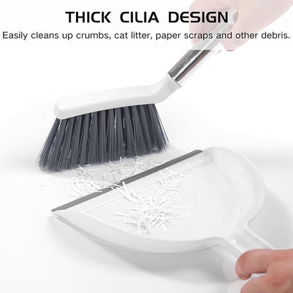 NACENA Mini Broom and Dustpan Set, Small Dust Pan and Brush Set with Handle Dustpan Teeth for Cleaning Hair Suitable for Office Desks Drawers Sofas Pet Care Outdoor Camping, White & Gray