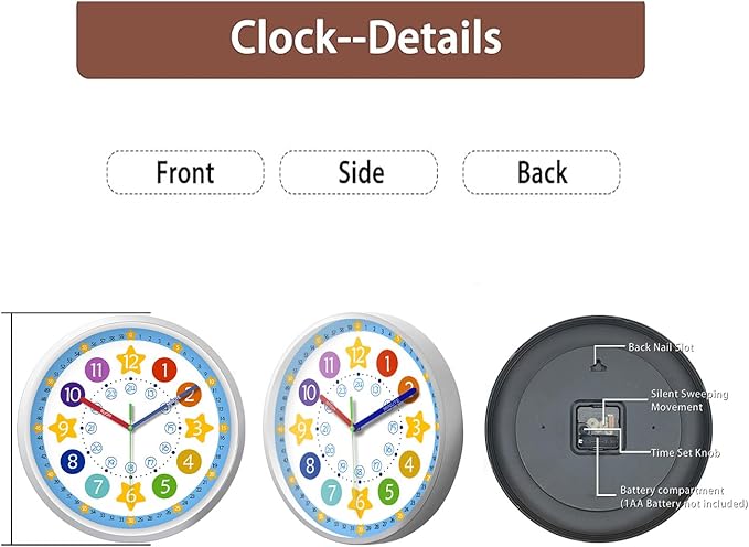 XFM Blue Kids Wall Clock 8 Inch Silent Non Ticking Quartz Battery Operated Decorative Time Teaching Clock for Children Bedroom Nursery Room Classroom