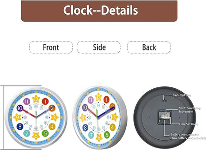 XFM Blue Kids Wall Clock 8 Inch Silent Non Ticking Quartz Battery Operated Decorative Time Teaching Clock for Children Bedroom Nursery Room Classroom