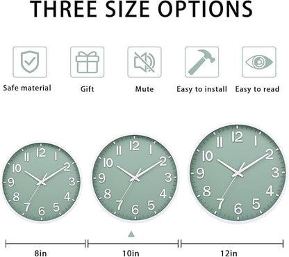 Wall Clocks Battery Operated 10 inch Modern Wall Clock,Silent Non Ticking Wall Clock for Living Room Bedroom Kitchen Office Classroom Decor (Green White)