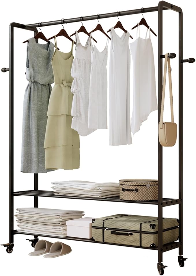Rolling Clothes Rack, 47.2" Wide Metal Garment Rack,Heavy Duty Clothing Rack for Hanging Clothes with Wheels & bottom Shelves for Coats, Shirts, Dress