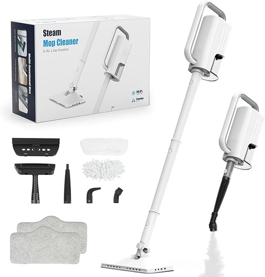 Steam Cleaner, 6 in1 Rotated Steam Mop Cleaner with 2 Modes, 2 Microfiber Pads, 400ML Removable Tank, 23FT Power Cable, Detachable Steam Mops for Floor, Laminate Floor, Tiles Cleaning (Tea White)