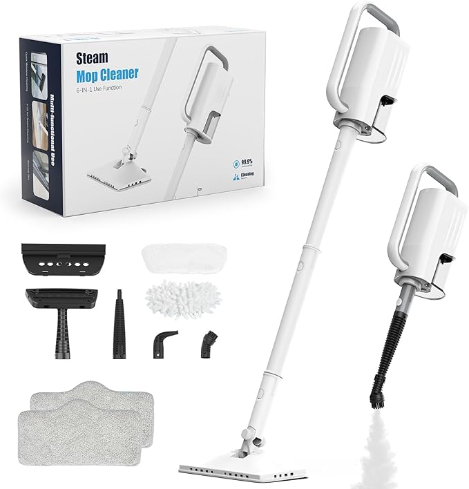 7-in-1 Steam Mop, 1200W Rotated Steam Cleaner for Home, 2 Modes, 400ML Removable Tank, 23FT Cord, 2 Washable Pads, Multi-Surface Steamer for Hard Floor, Laminate Floor, Tiles Cleaning (Fish White)