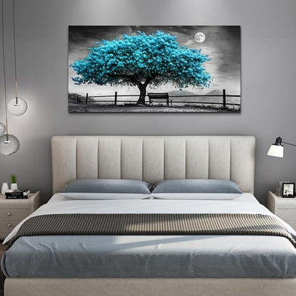 KELIYUAN Blue Tree Of Life Canvas Painting Living Room Office Bedroom Bathroom Wall Decoration Black And White Wall Art Print Modern Natural Tree Art Waterproof Can Be Directly Hung 20x40 In