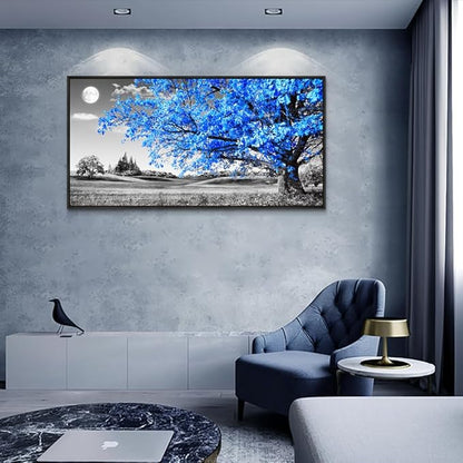 Wapluam Black Framed Wall Art For Living Room Black and White Large Wall Decor For Bedroom Blue Tree Landscape Abstract Painting Office Wall Decoration Picture Modern Canvas Prints Home Wall Decor