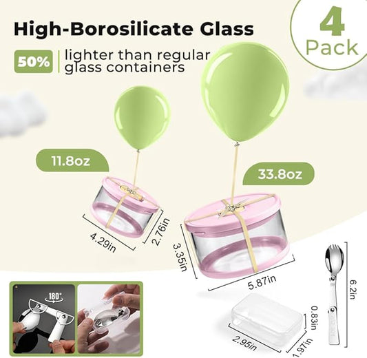 Glass Food Storage Containers with Airtight Lids, 33.8oz & 11.8oz High-Borosilicate Glass Meal Prep Containers with Spork, Bento Lunch Boxes for Salad, Ramen, Soup, Fruit - 4 Pack, Pink/White