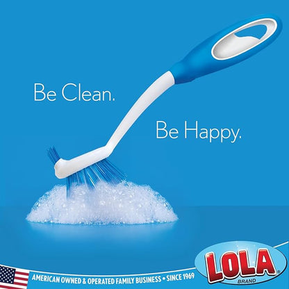 Dish Brush Scrubber for Kitchen, 4 Pack, by LOLA, Has Stiff Bristles & Food Scraper, Comfort No-Slip Grip Handle, Safe for Non-Stick & Coated Cookware
