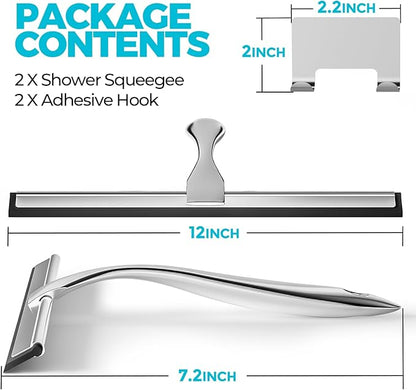 2PACK 12-Inch All-Purpose Shower Squeegee for Shower Doors, Tile Shower Walls, Bathroom, Window, Glass and Car Windshield, Mirrors and Kitchen-Stainless Steel, Silver