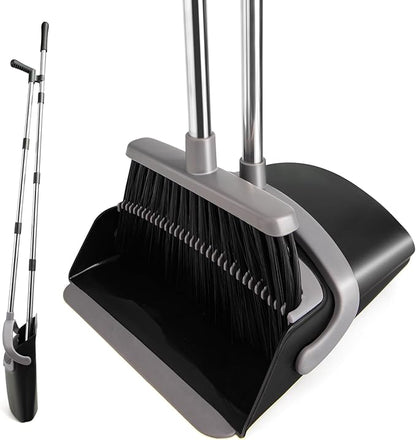 Broom and Dustpan Set, Long Handle Lightweight Dustpans with Broom Combo for Home, Indoor&Outdoor Sweeping for Home Room Kitchen Office Lobby (Charcoal)