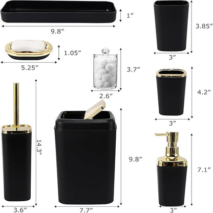 Bathroom Accessories Set - Black Bathroom Set, 9PC Bathroom Accessory Set with Trash Can, Toilet Brush, Qtip Holder Dispenser & Soap