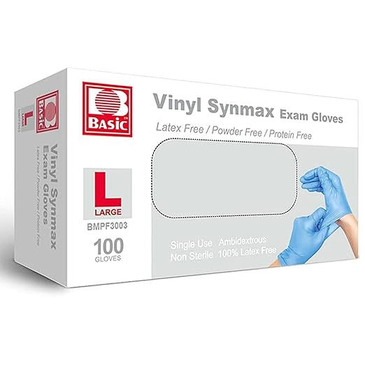 Jointown Basic Medical Synmax Vinyl Exam Gloves - Latex-Free & Powder-Free - Large, BMPF-3003(box of 100,Blue)