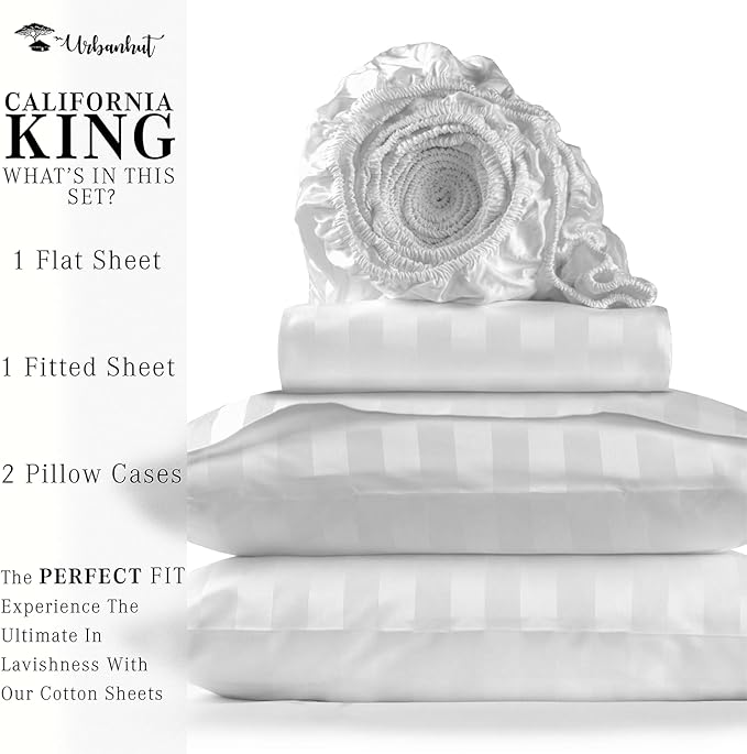 URBANHUT 800 Thread Count Egyptian Cotton California King Damask Striped Sheets Set (4 Pc) - Ultra Soft & Smooth, Thick & Crisp Sateen Weave Calking Striped Bedsheets, Fits Upto 16" Mattress - White