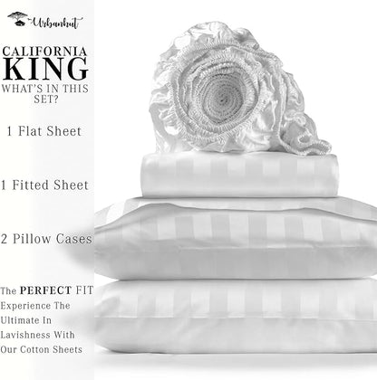 URBANHUT 800 Thread Count Egyptian Cotton California King Damask Striped Sheets Set (4 Pc) - Ultra Soft & Smooth, Thick & Crisp Sateen Weave Calking Striped Bedsheets, Fits Upto 16" Mattress - White