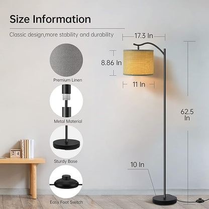 Floor Lamp for Living Room,LED Arched Stand Lamp,Tall Modern Standing Lamp with Linen Shade,E26 Socket, Footswitch, Mid Century Floor Lamps for Bedrooms,Office,Gray Double-Layer lampshade