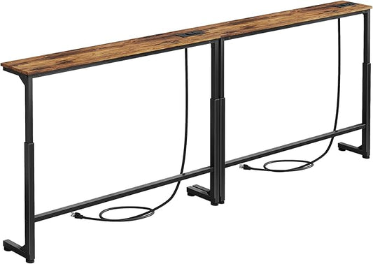 Kitstorack 2-Pack Narrow Console Table with Adjustable Height (25"-33") & 2 Power Outlets, Skinny Behind Couch Table, 79" Long x 5.9" Wide Sofa Side Table for Living Room, Rustic Brown | 2-Pack, Behind Sofa Couch