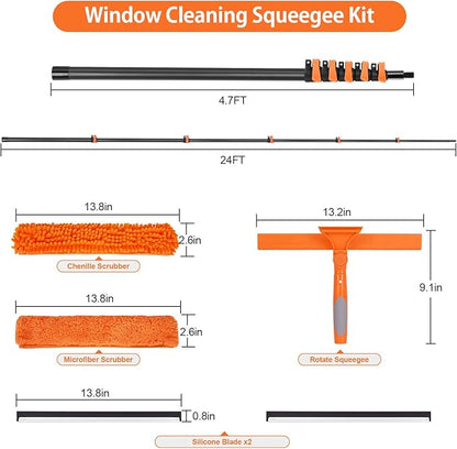 Window Washing Kit with Extension Pole 4.7 to 24FT, Long Squeegee for Window Cleaning Indoor Outdoor, Carbon Fiber Telescopic Pole for Window Cleaner Tool with Microfibre Pad & Chenille Cloth