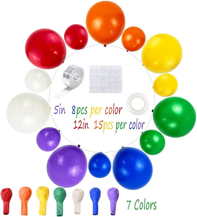 164pcs Rainbow Balloons - Arch Kit with 7 Assorted Colorful Sizes for Birthday Party, Baby Shower, Anniversary & Festival Decoration