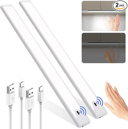 16 Inch Under Cabinet Light, Hand Wave Sensor 83 LED Indoor Cabinet Lighting, USB Rechargeable Cordless Closet Light, Stepless Dimming Under Counter Light for Kitchen, Shelves, Bedroom, 2 Pack