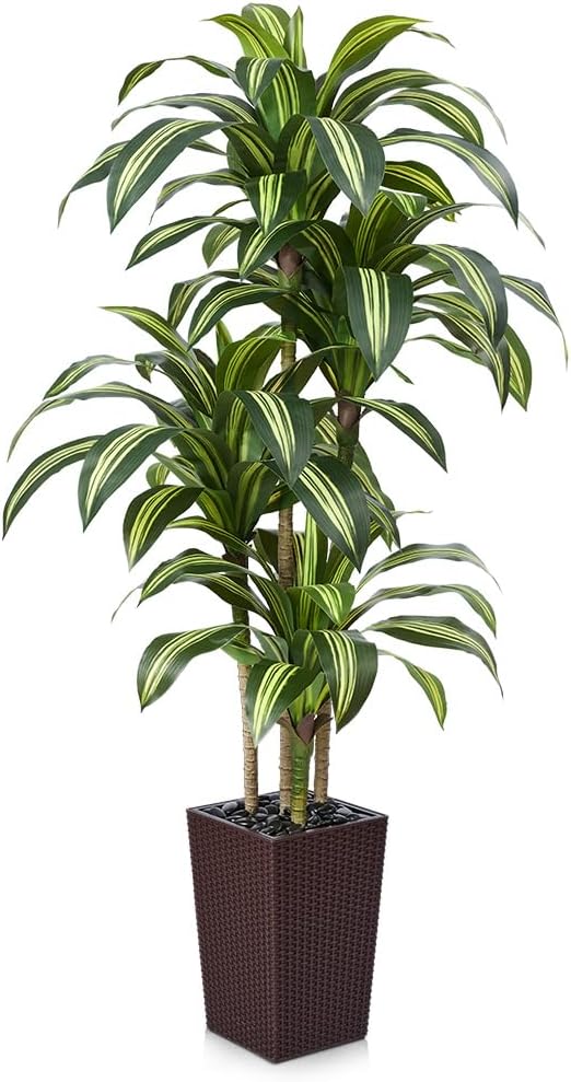 Artificial Dracaena Tree 6FT - UV Resistant Faux Tree with Large Taper Planter & Pebbles - Tall Fake Plants Indoor & Outdoor, Potted Floor Plant for Home Living Room Porch Decor, VN127