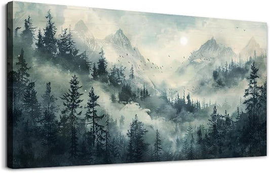 KELIYUAN Modern Large Canvas Print Wall Art Misty Forest Landscape Painting Home Decoration Natural Landscape Artwork Picture Living Room Bedroom Office Wall Decoration Ready To Hang 24x48 Inches