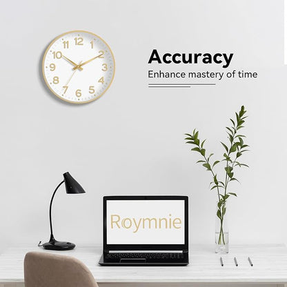 Wall Clock, 10 Inch Silent Wall Clocks Battery Operated-Modern Non Ticking Analog Clock Decorative for Kitchen Bedroom Office Bathroom(White Gold)
