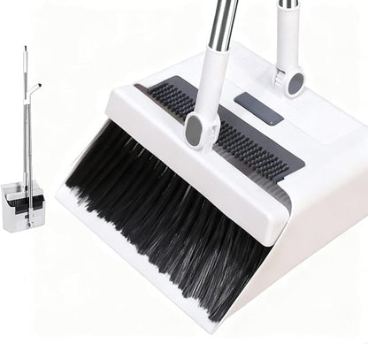 Upgrade Broom with Dustpan Combo Set，Long Handle Self-Cleaning Dust Pan and Brush Set 4-Row Dense Bristles，Indoor Broom Set (White)