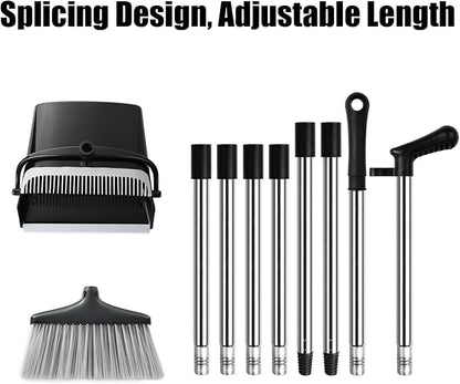 Broom and Dustpan Set with Long Handle and 6 Bonus Cleaning Tools, Upright Standing Combo with Self-Cleaning Teeth & Windproof Dustpan for Pet Hair, Home, Kitchen, Garage, Apartment
