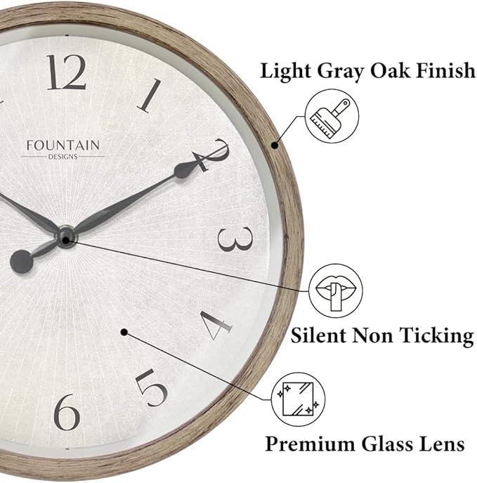 10" Modern Farmhouse Clock, No Ticking Silent Clock, Modern and Vintage, Light Gray Oak Finish. (Wall Decoration Timepiece)
