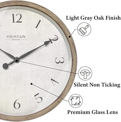 10" Modern Farmhouse Clock, No Ticking Silent Clock, Modern and Vintage, Light Gray Oak Finish. (Wall Decoration Timepiece)