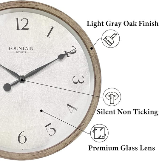 10" Modern Farmhouse Clock, No Ticking Silent Clock, Modern and Vintage, Light Gray Oak Finish. (Wall Decoration Timepiece)