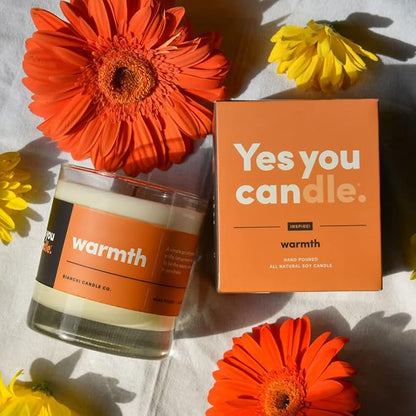 Warmth, Inspirational 8oz Highly-Scented Soy Candle, Made in USA, Great Message, Pure Essential Oils, Aromatherapy, 100% Pure, Buttered Rum & Tangerine