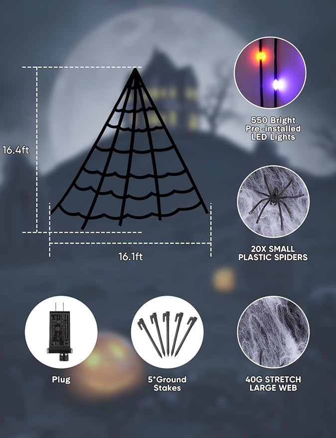Spider Webs Halloween Decorations Lights - 550 LEDs Outdoor Giant Halloween Decor Lights with16.4ft,4ft Spider,8 Modes,Waterproof&Timer for Yard Porch Garden,Outside Party (Without Big Spider)