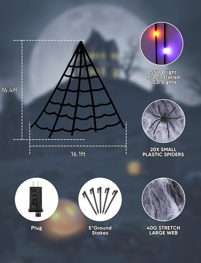 Spider Webs Halloween Decorations Lights - 550 LEDs Outdoor Giant Halloween Decor Lights with16.4ft,4ft Spider,8 Modes,Waterproof&Timer for Yard Porch Garden,Outside Party (Without Big Spider)