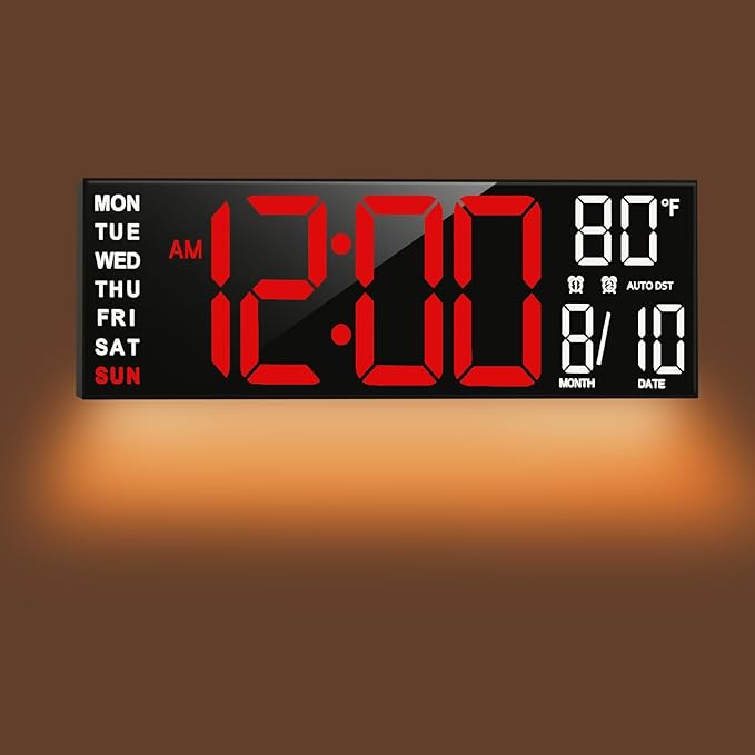 TrophyRak 16" Large Digital Wall Mount Clock, Count Down Timer, Alarm, Big LED, RGB Color, DST, Temperature for Living Room Classroom Desk, Wall, Xmas, Birthday Gift for Senior Mom Dad, Red White