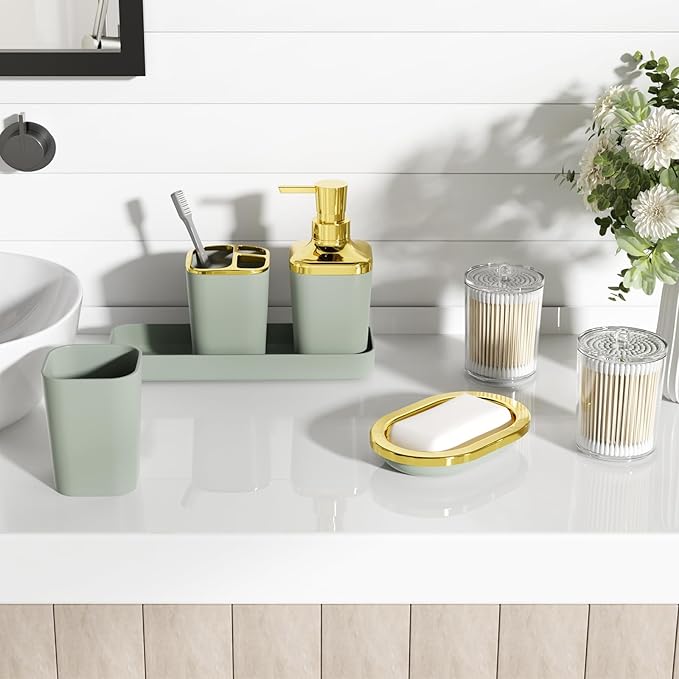 Bathroom Set, Sage Green Bathroom Accessories Set with Press-on Lid Bathroom Trash Can, Soap Dispenser, 10PC Bathroom Accessory Set for Home