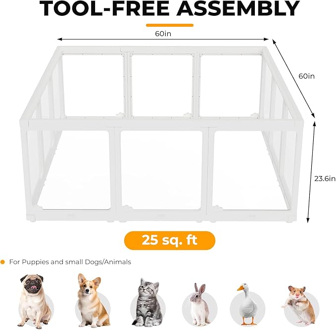 Acrylic Dog Playpen Indoor, Clear Dog Play Pen for Puppies and Small Dogs, Easy Assembly & Clean Puppy Pen (23.6", 10 Panels, White)