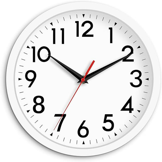 Wall Clock Modern Battery Operated 10 Inch Simpel Silent Non Ticking Analog Decorative for Kitchen Bathroom Bedroom Office Living Room School Classroom(White)
