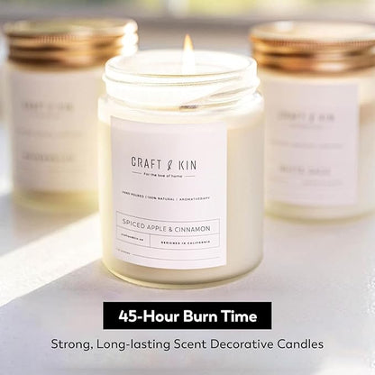 Craft & Kin Apple and Cinnamon Scented Candles | 8 Oz, 45-Hour Long Lasting | Classic Soy Winter Candle with Wood Wick | Made with Natural Soy | Candles Gifts for Men and Women