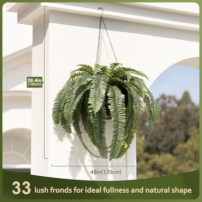 48" Artificial Boston Fern Hanging Plants with Basket - UV Resistant Fake Plant for Outdoor Indoor - Large Realistic Faux Greenery for Front Porch, Front Door, Patio Decor, Set of 2, VN142