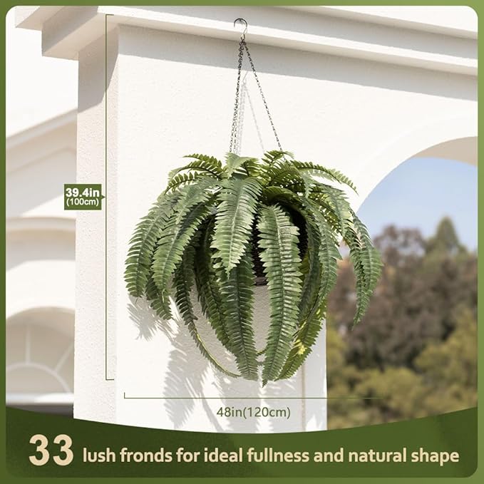 48" Artificial Boston Fern Hanging Plants with Basket - UV Resistant Fake Plant for Outdoor Indoor - Large Realistic Faux Greenery for Front Porch, Front Door, Patio Decor, Set of 1, VN142