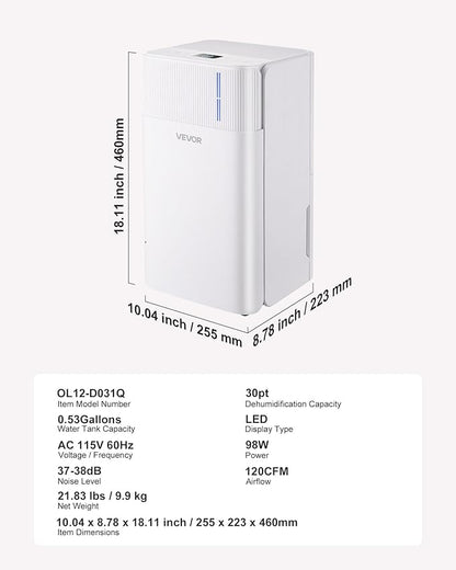 VEVOR 30 Pints Dehumidifier for Home & Basement, 1500 Sq.Ft Large CoverageDrain Hose for Commercial & Industrial Use, Smart Humidity Control, Low Noise for Large Rooms, Warehouses, Bedrooms & Storage